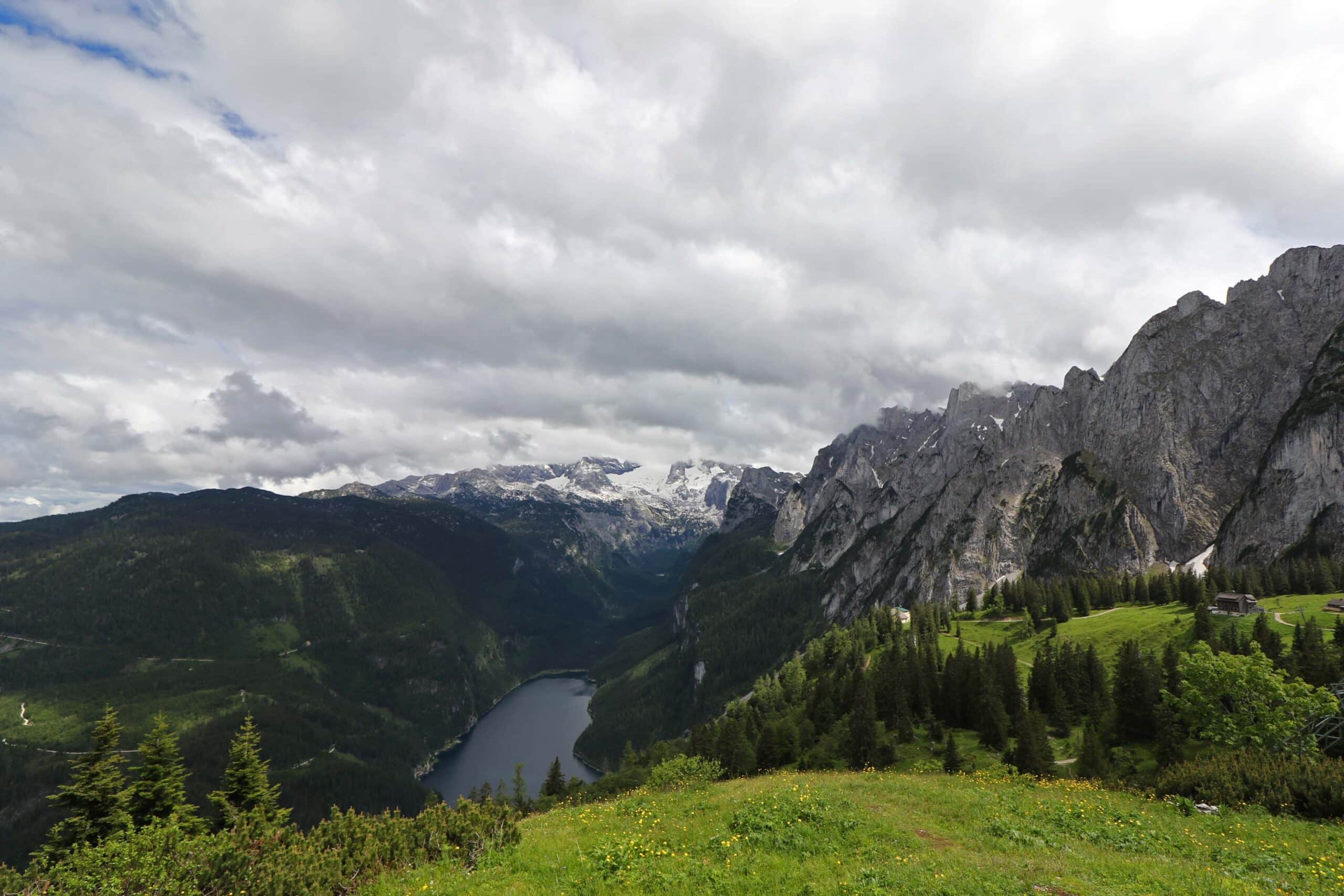 The view of Lake Gosau and the Dachstein mountain range from Zweiselalm