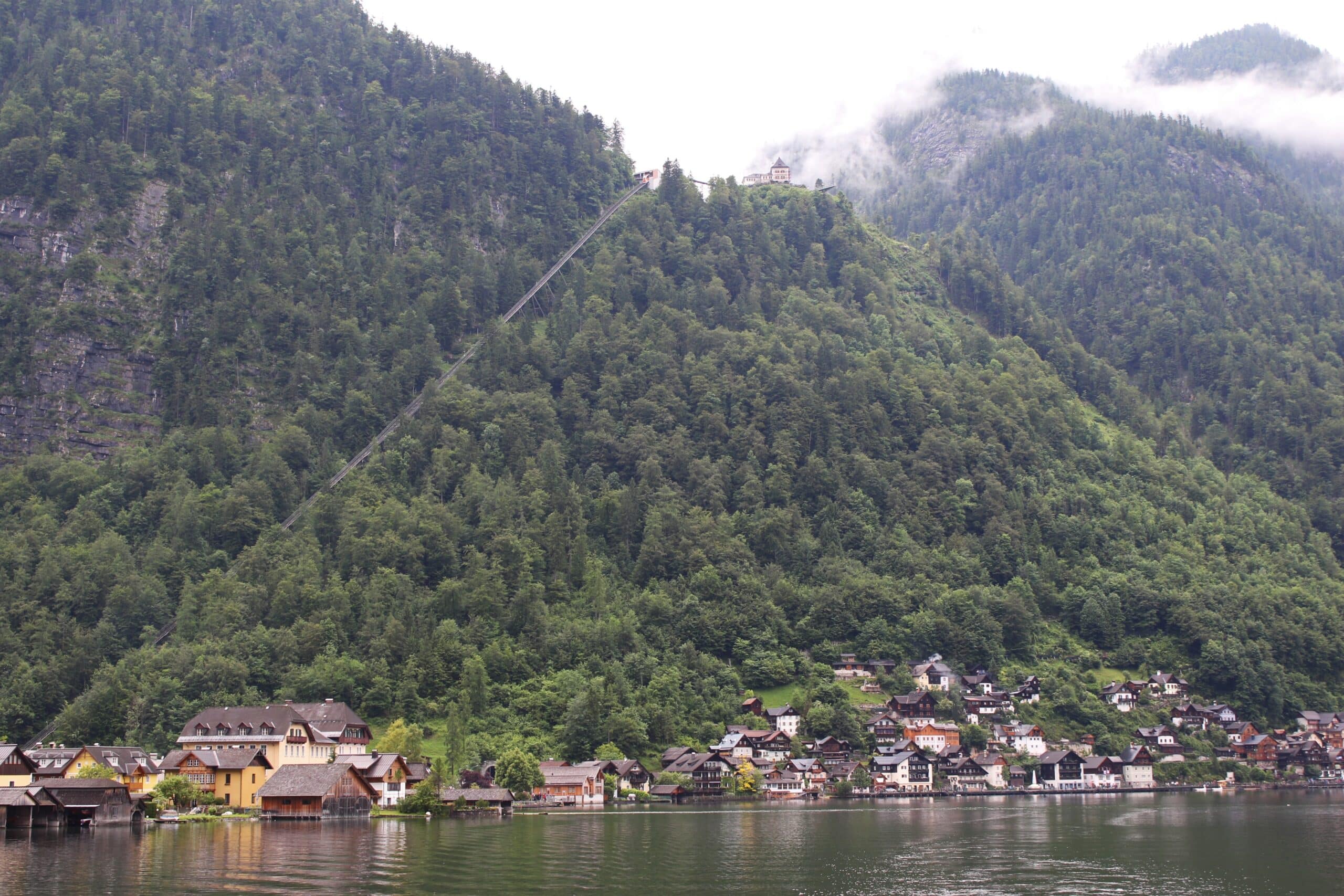 A view of the funicular railway to Salzberg Mountain from the lake