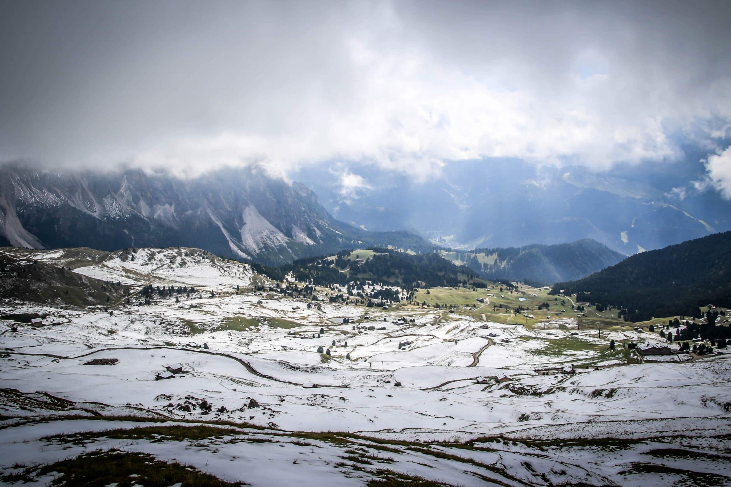 Snowy scenes at Seceda on day two of the Dolomites itinerary