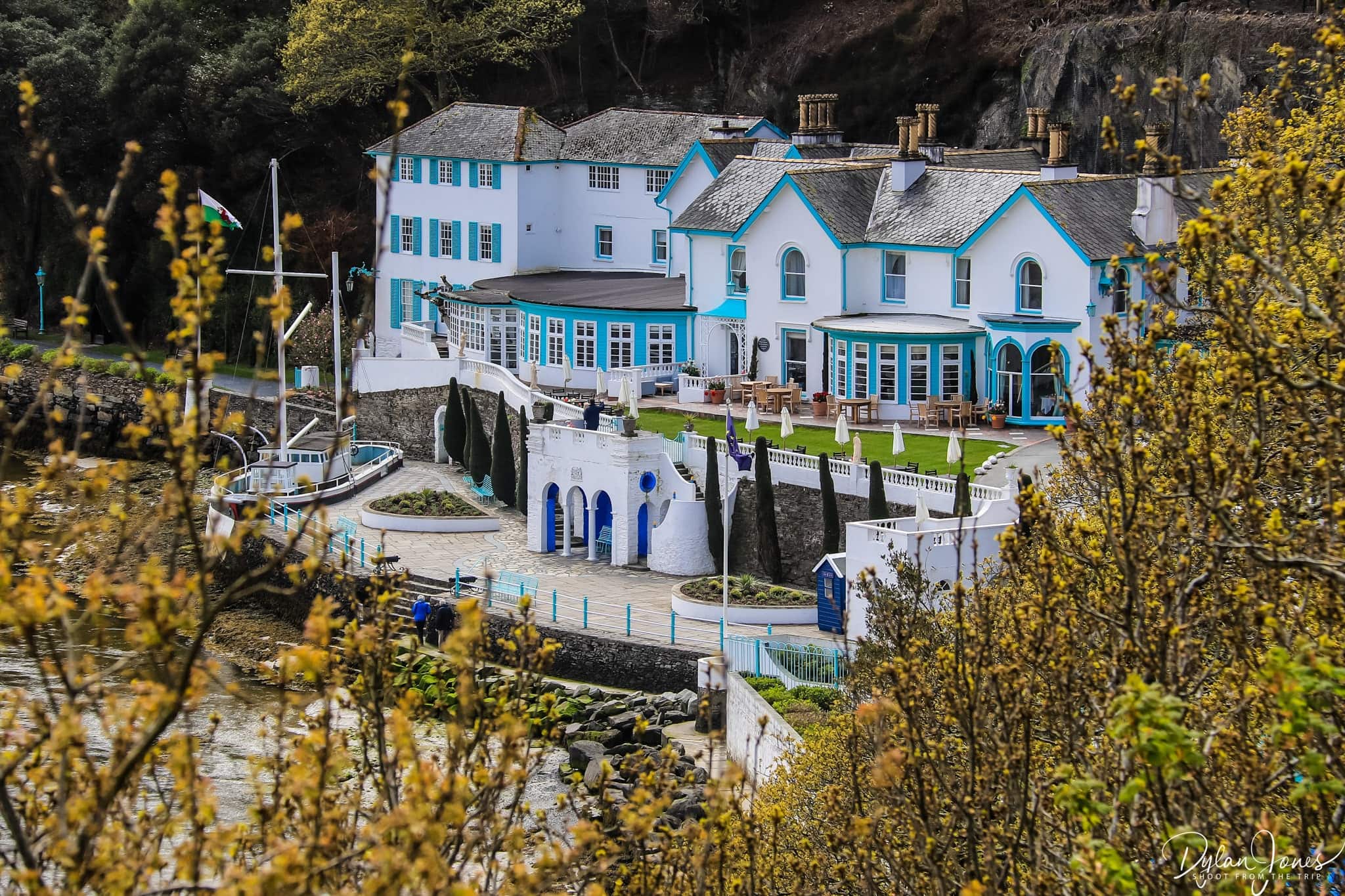 A look at Portmeirion Hotel from a high vantage point in the village
