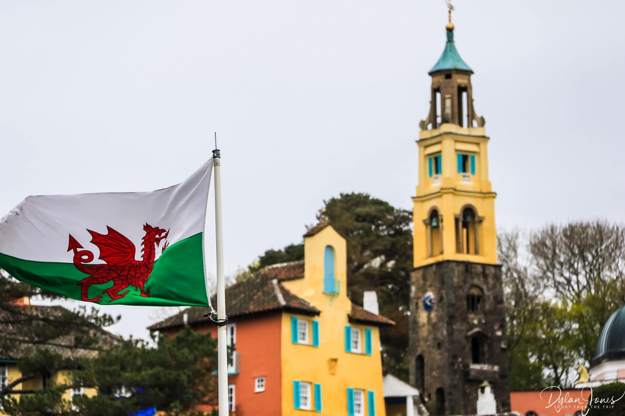 Portmeirion Village with a Welsh flag