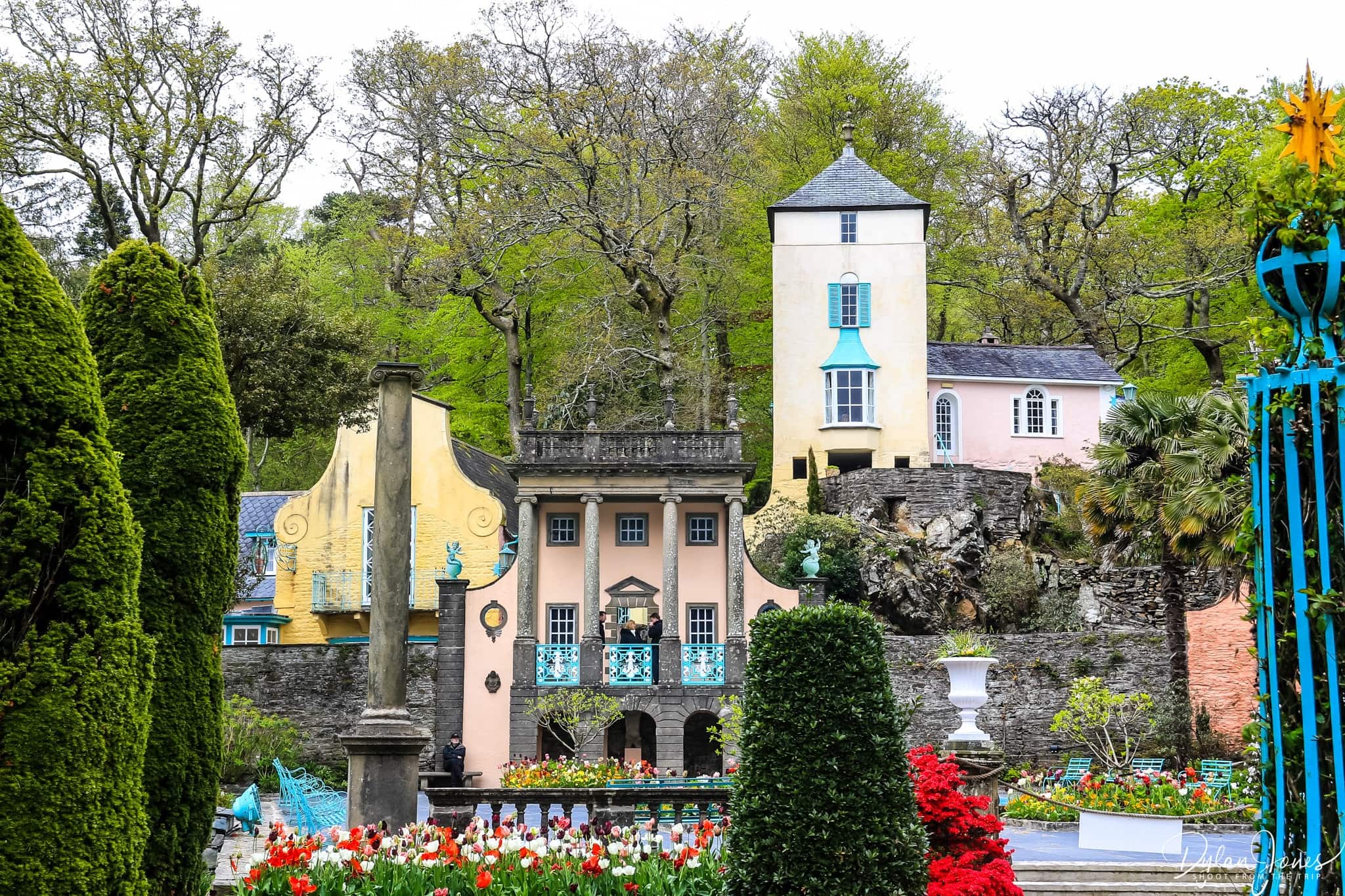 Pastel coloured buildings viewed from the Piazza in Portmeirion Village