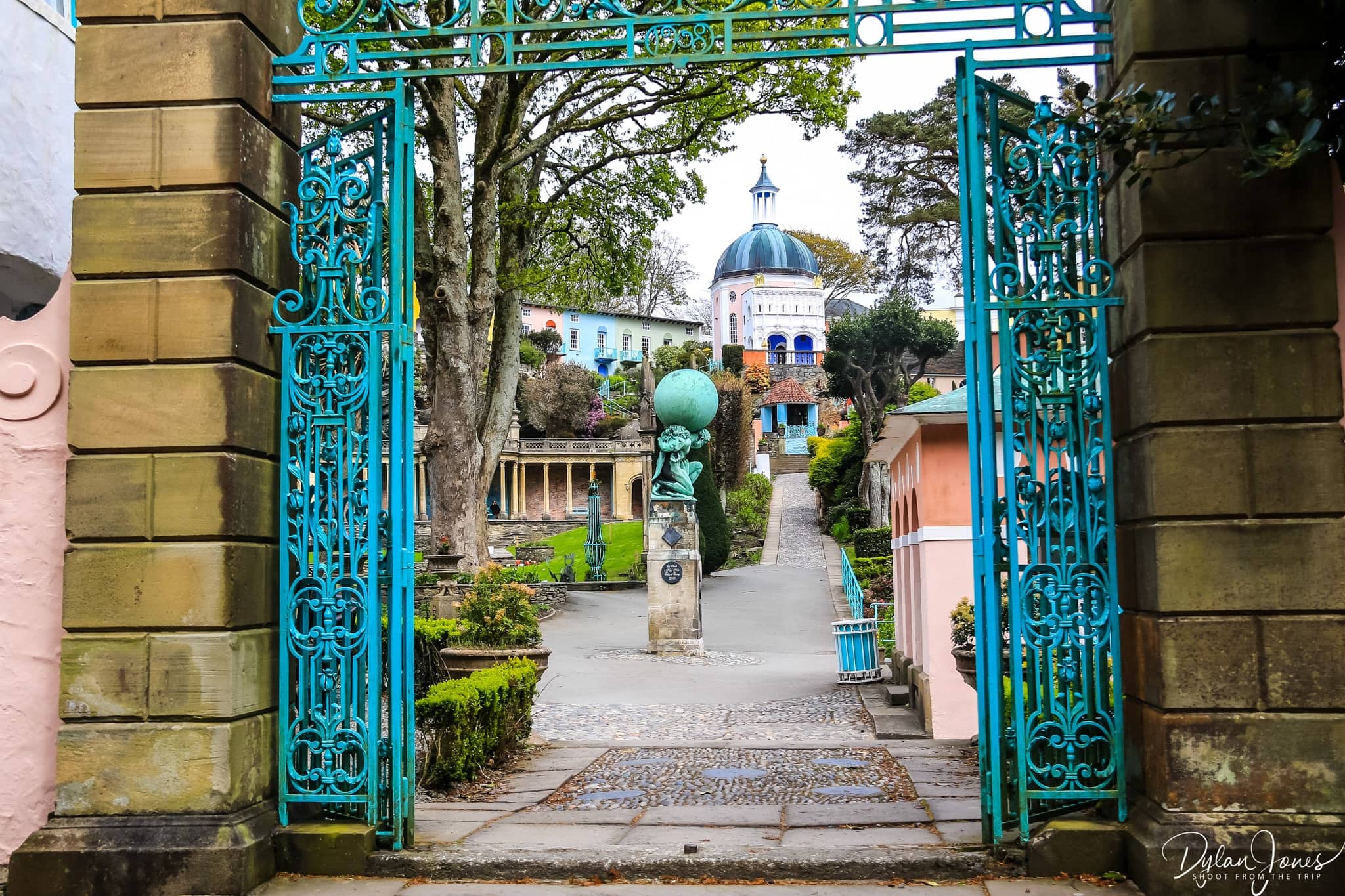 A view through a gateway at the piazza in Portmeirion Village