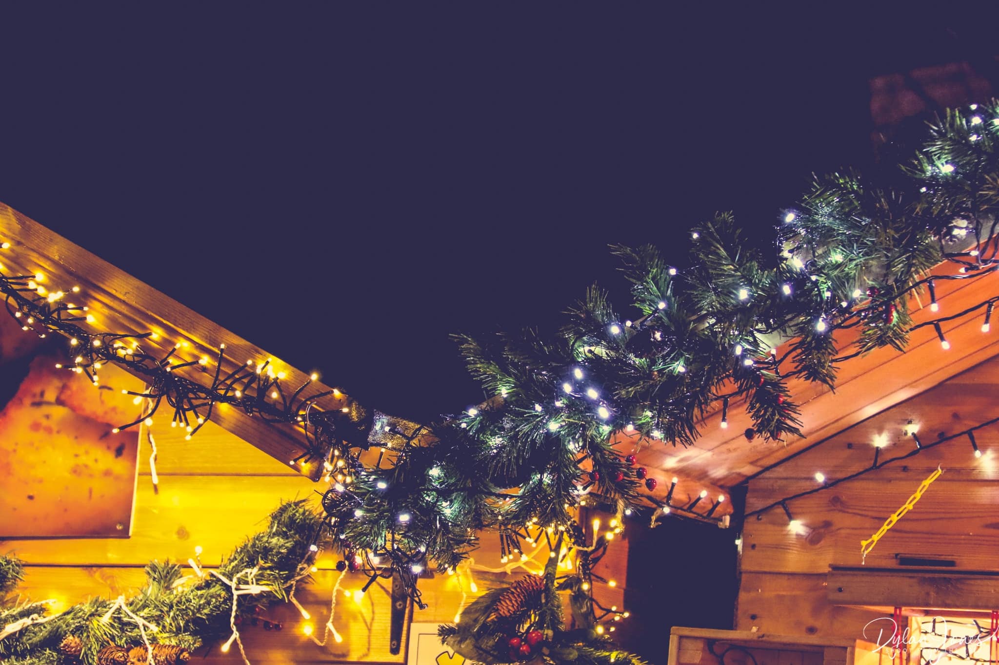Close up image of fairy lights on some chalets at Bath Christmas Market