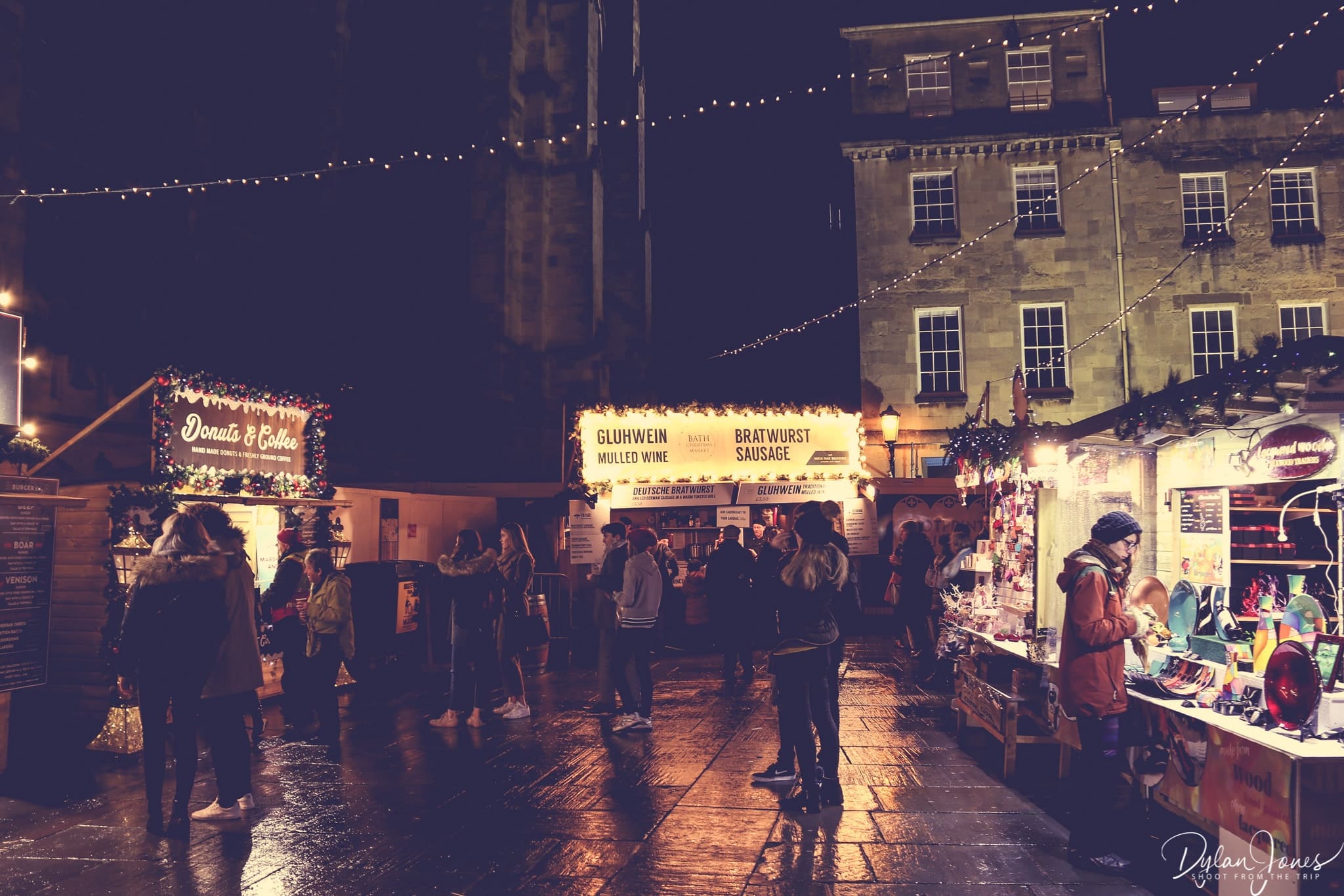 Abbey Churchyard kiosk selling Gluhwein and Bratwurst at Bath Christmas Market