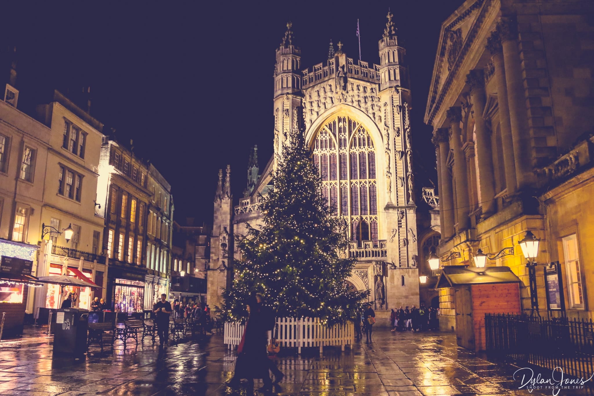 A Christmas tree located at the front of Bath AAbbey