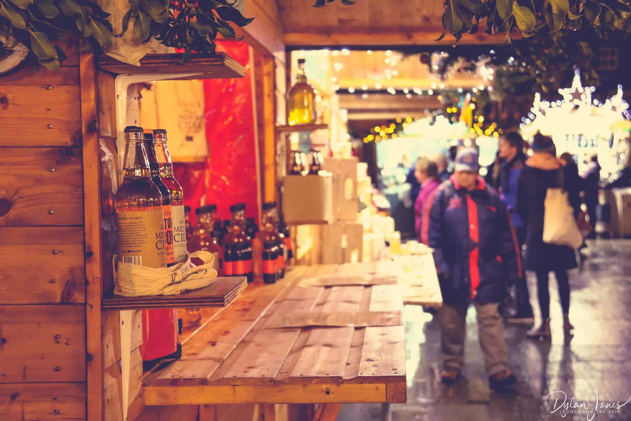 A close up shot of a chalet selling Cider by a local producer at Bath Christmas Market