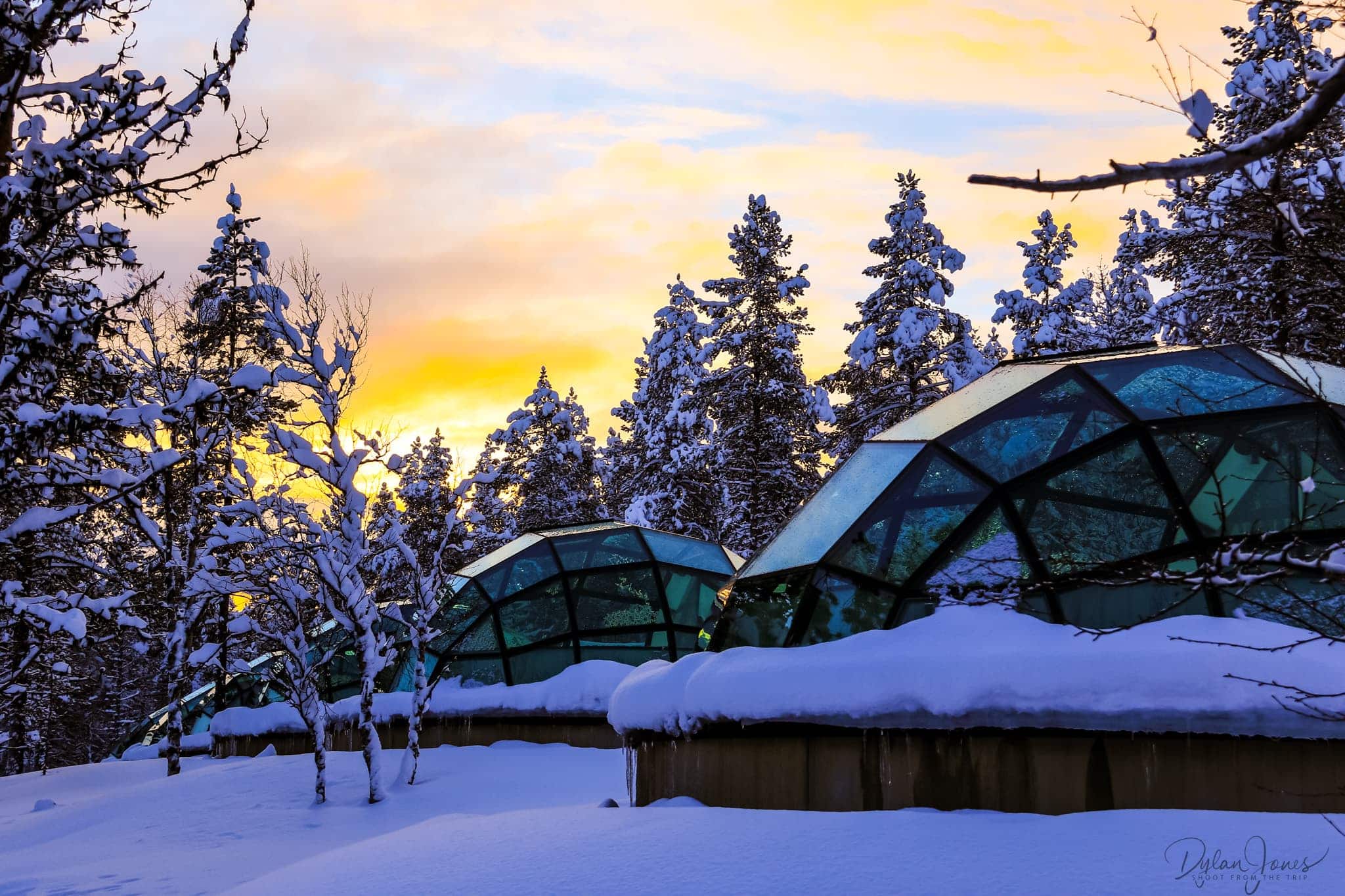 Glass igloos at sunrise at Kakslauttanen East Village