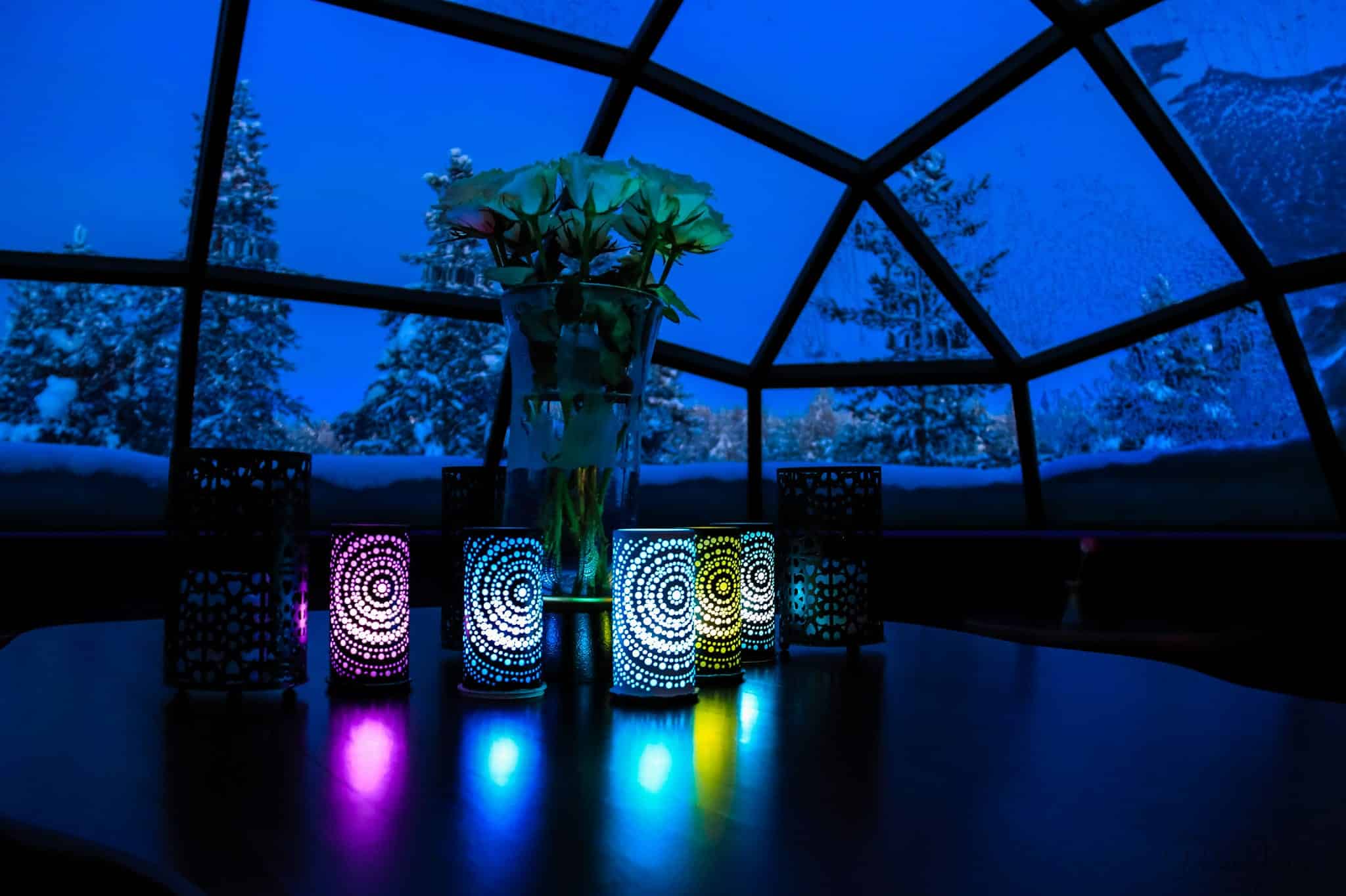 Funky lighting in the Glass Igloo Bar at Kakslauttanen West Village