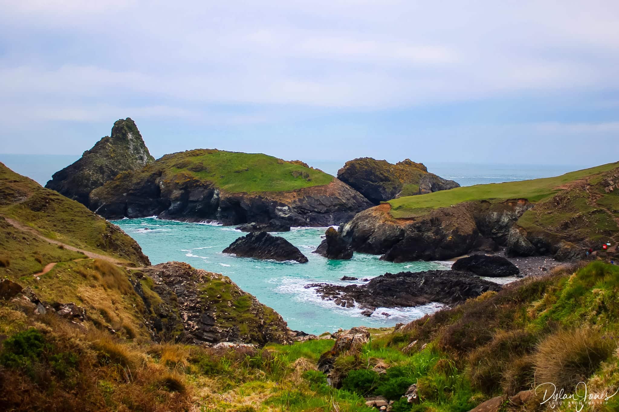 An overview of Kynance Cove from the car park trail, South Cornwall Coast