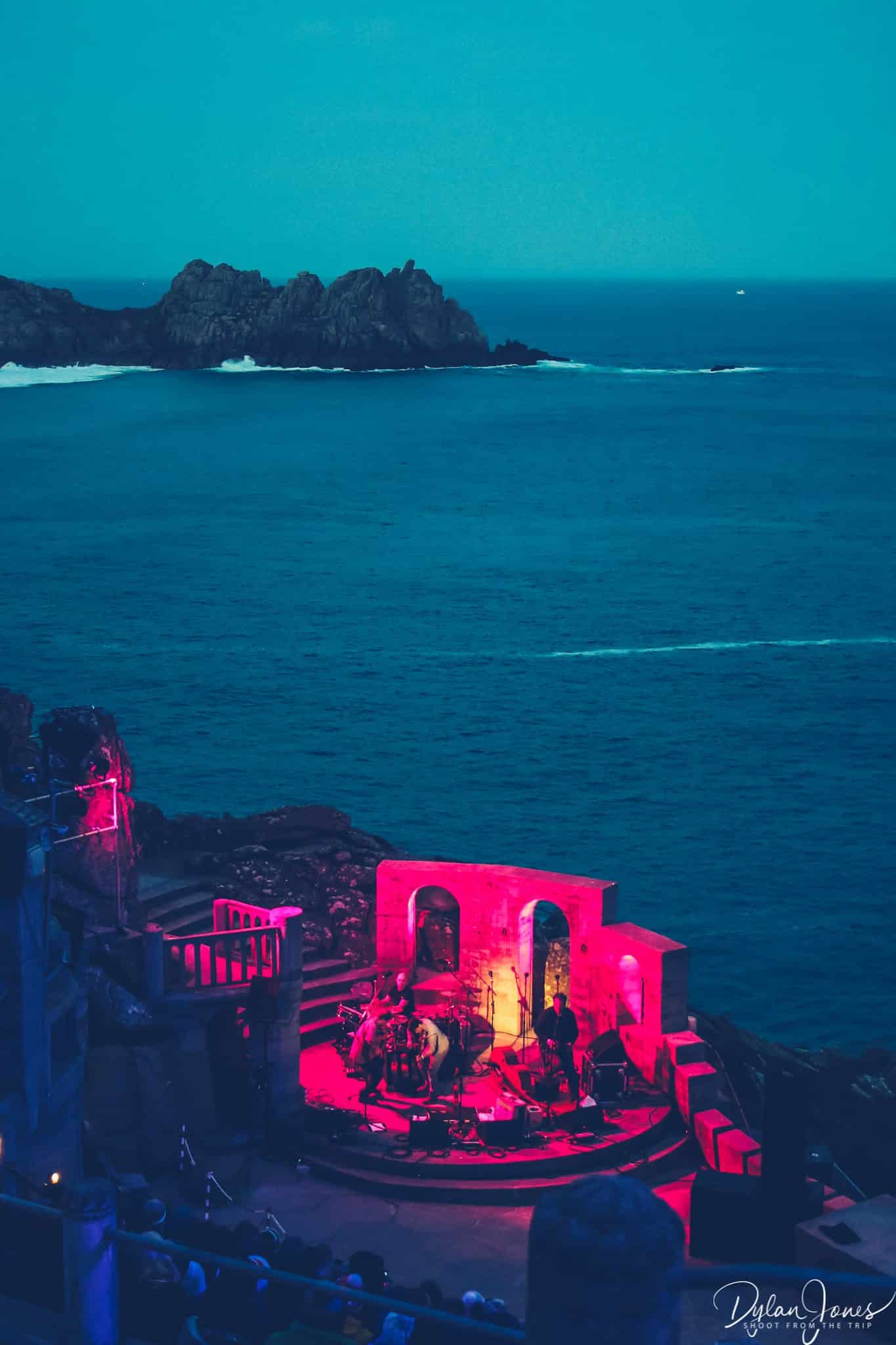 The backdrop of the Minack Theatre stage at dusk on the South Cornwall coast