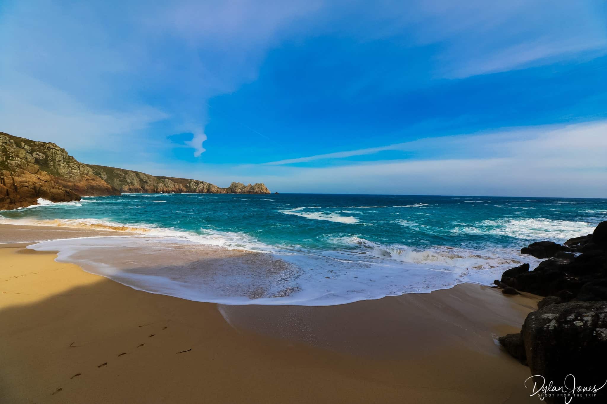 Golden sands and turquoise waters (in the UK), Porthcurno Beach, South Cornwall coast