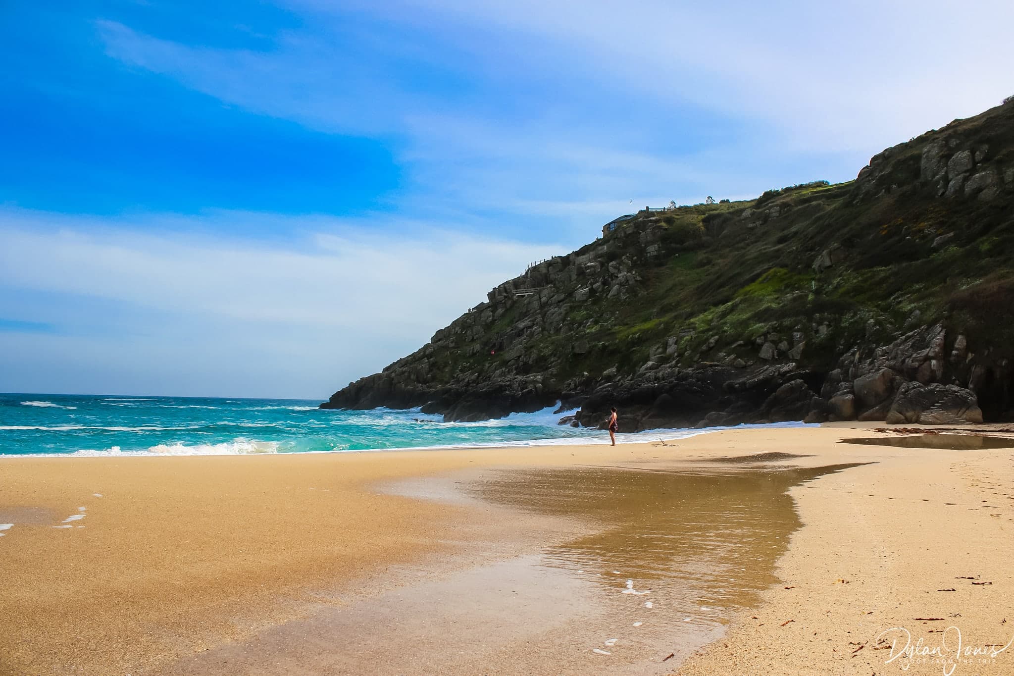 Looking up towards the Minack Theatre from Porthcurno Beach, South Cornwall coast