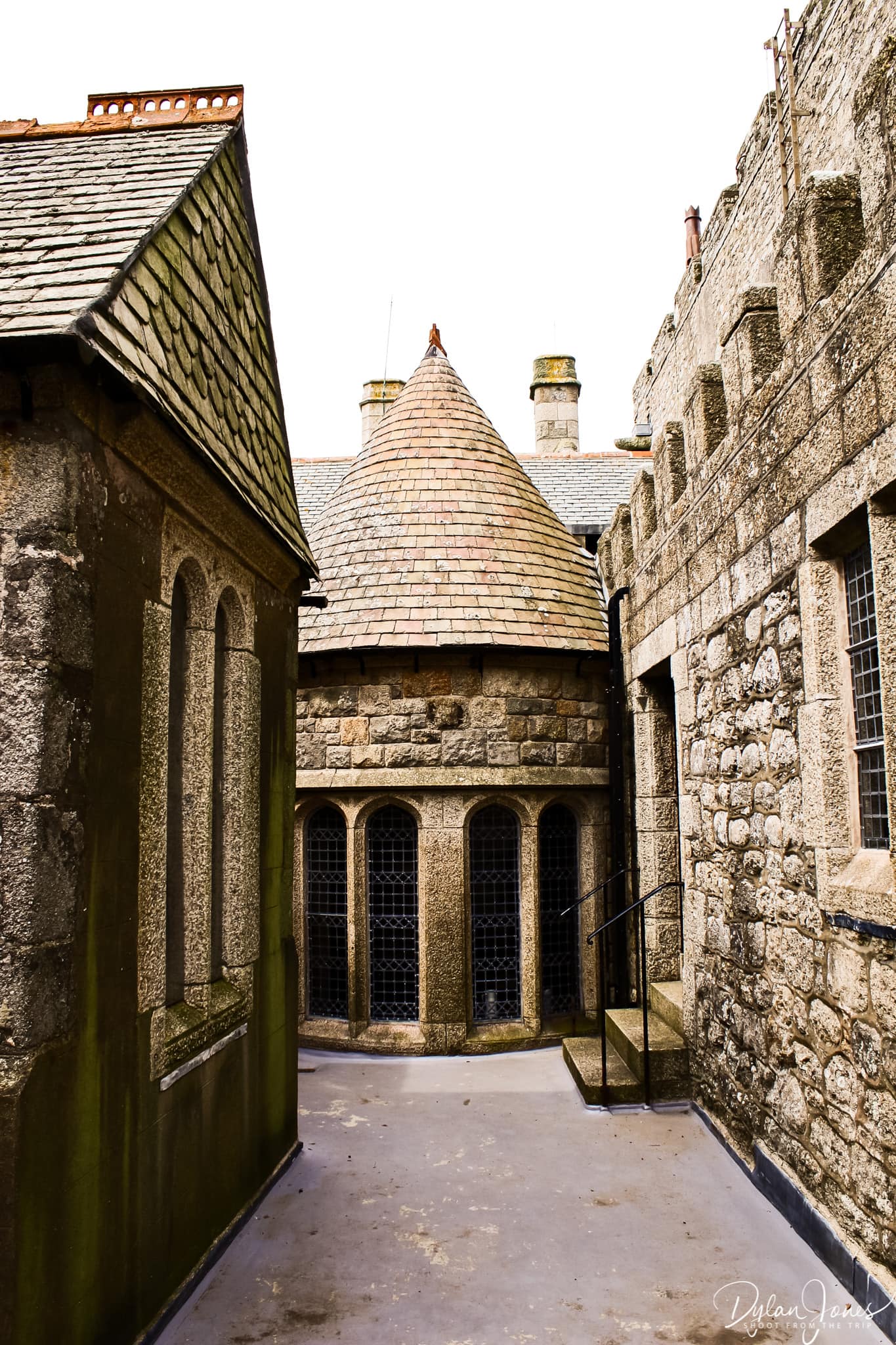 Exploring the roof terrace of the castle at St. Michael's Mount, South Cornwall coast