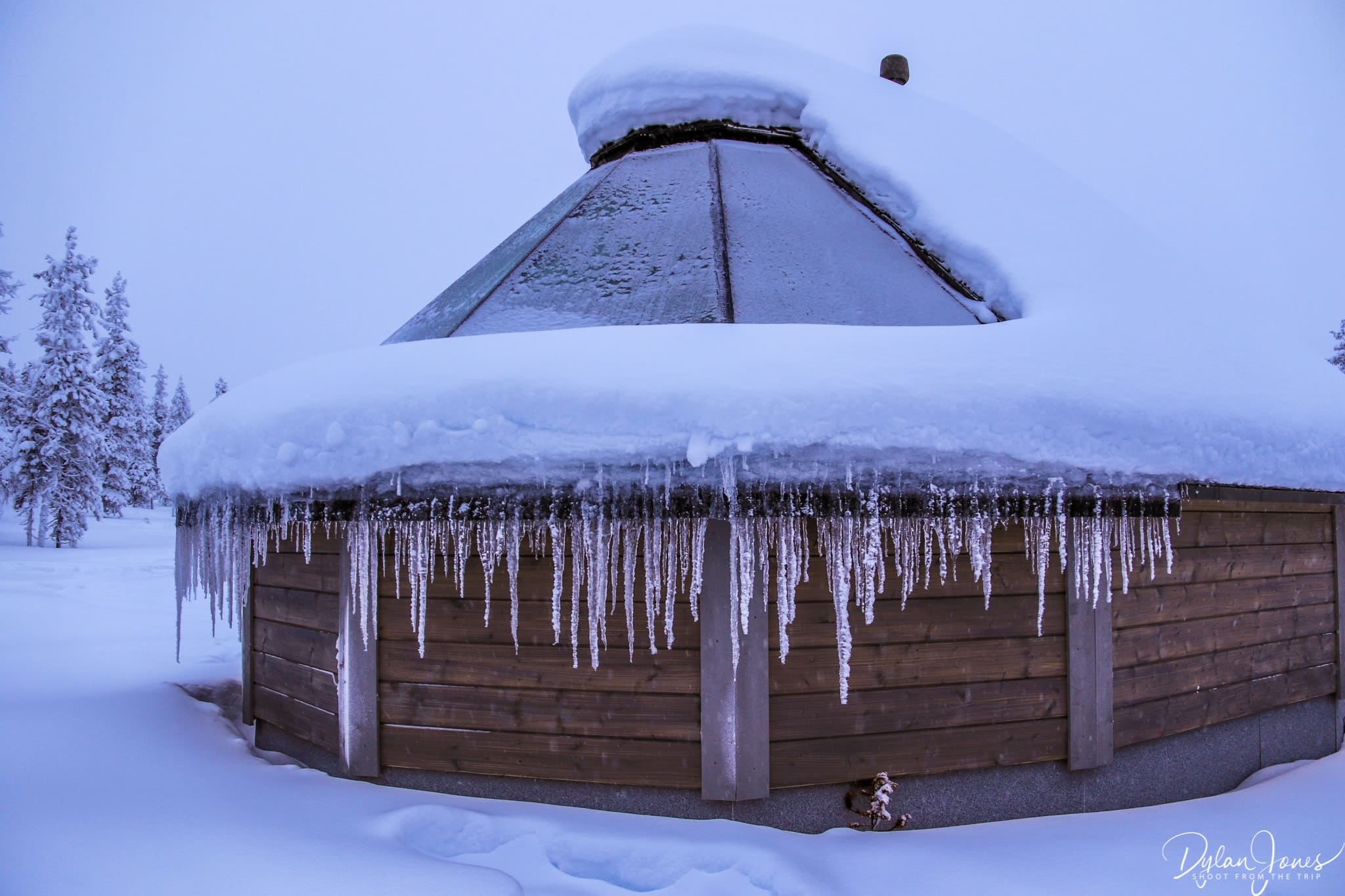 Curved windows and icicles on the Aurora Cabin