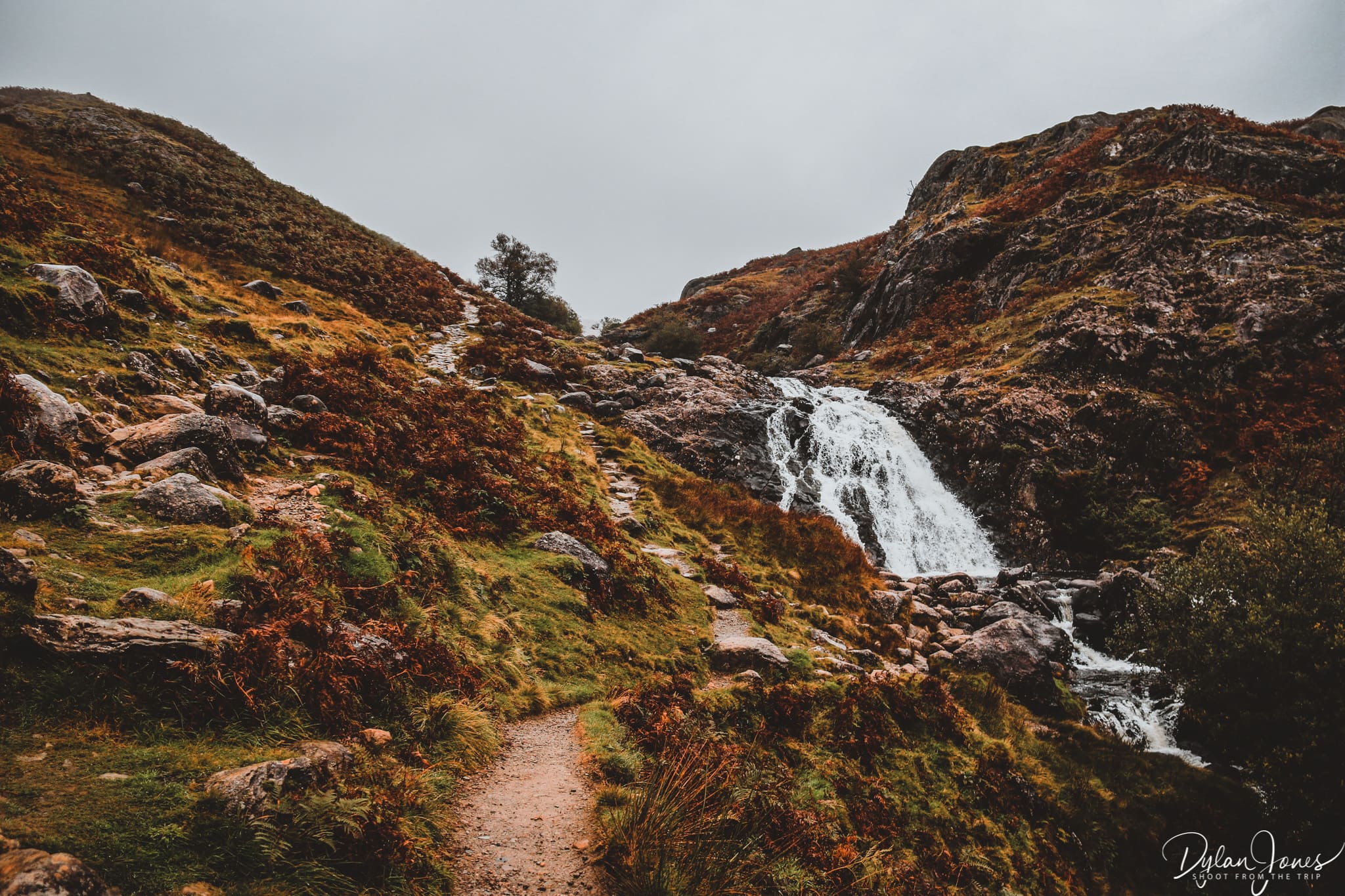Hiking trail and waterfall on the way to Easedale Tarn