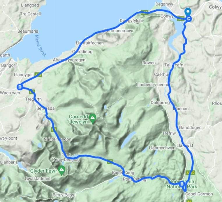 A map of the Carneddau Mountains