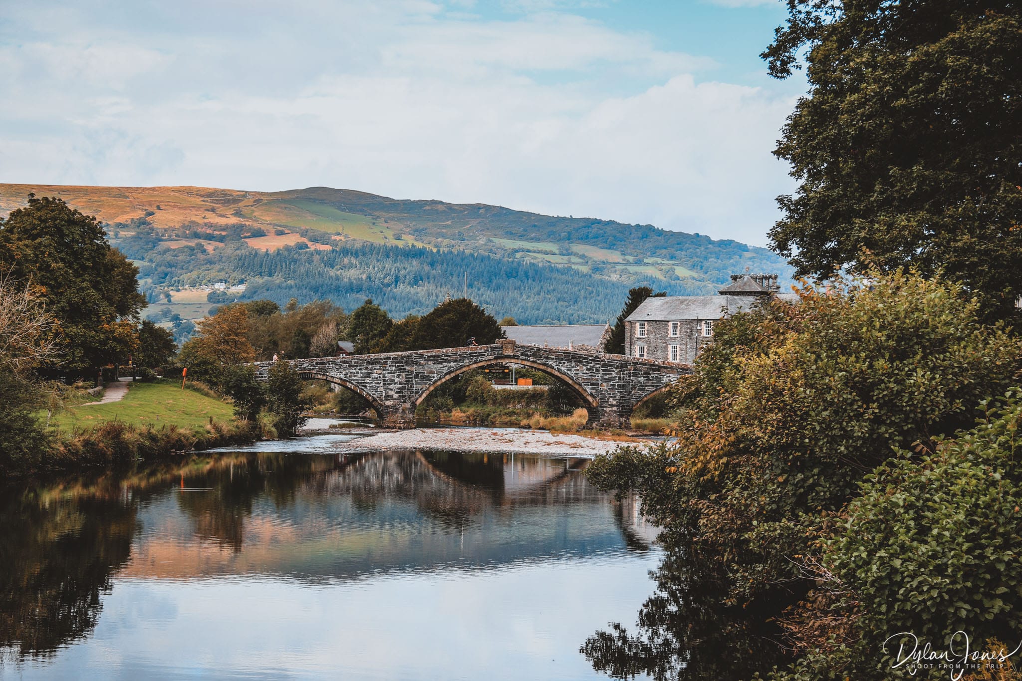 Llanrwst's Pont Fawr bridge and Carneddau backdrop