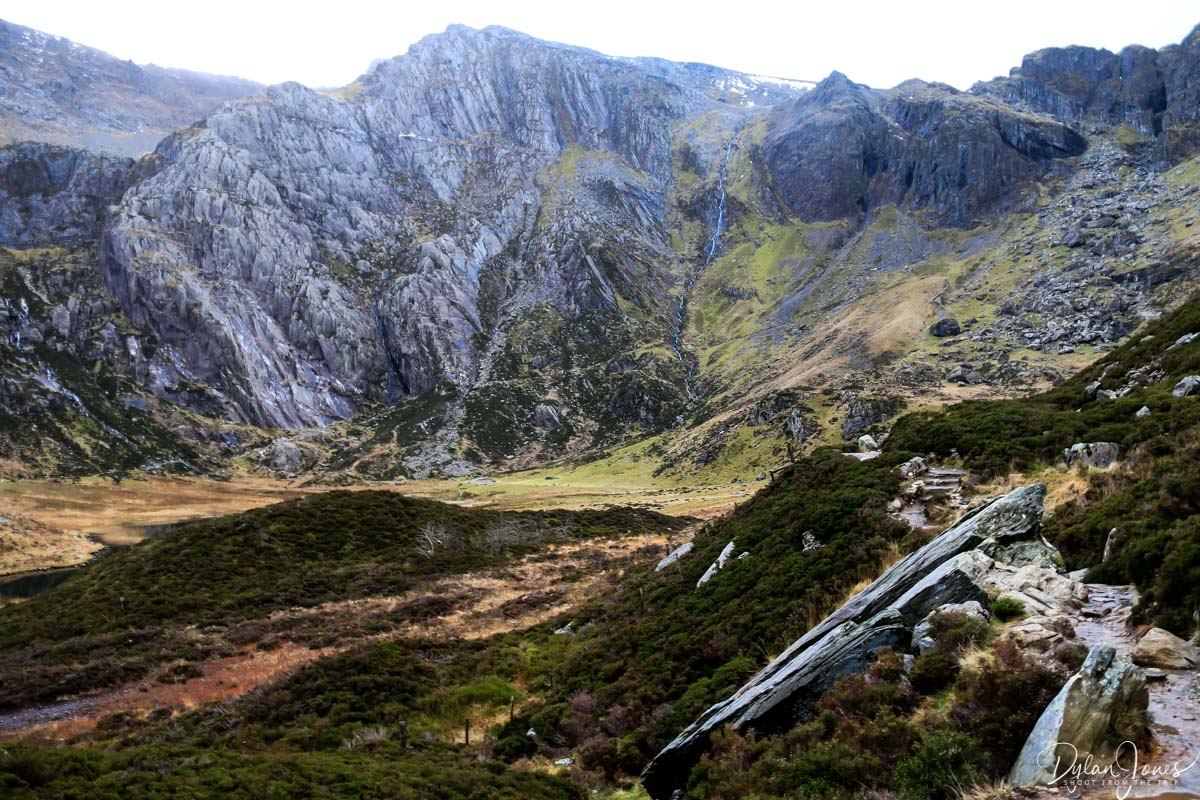 Idwal Slabs, a waterfall and the boulder rock fall below Devil's Kitchen