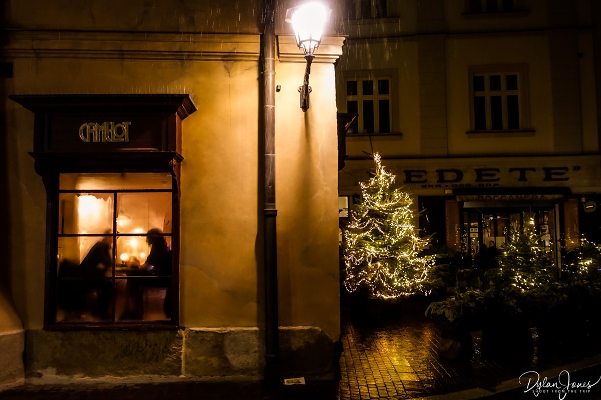 Festive night scenes in Krakow in winter