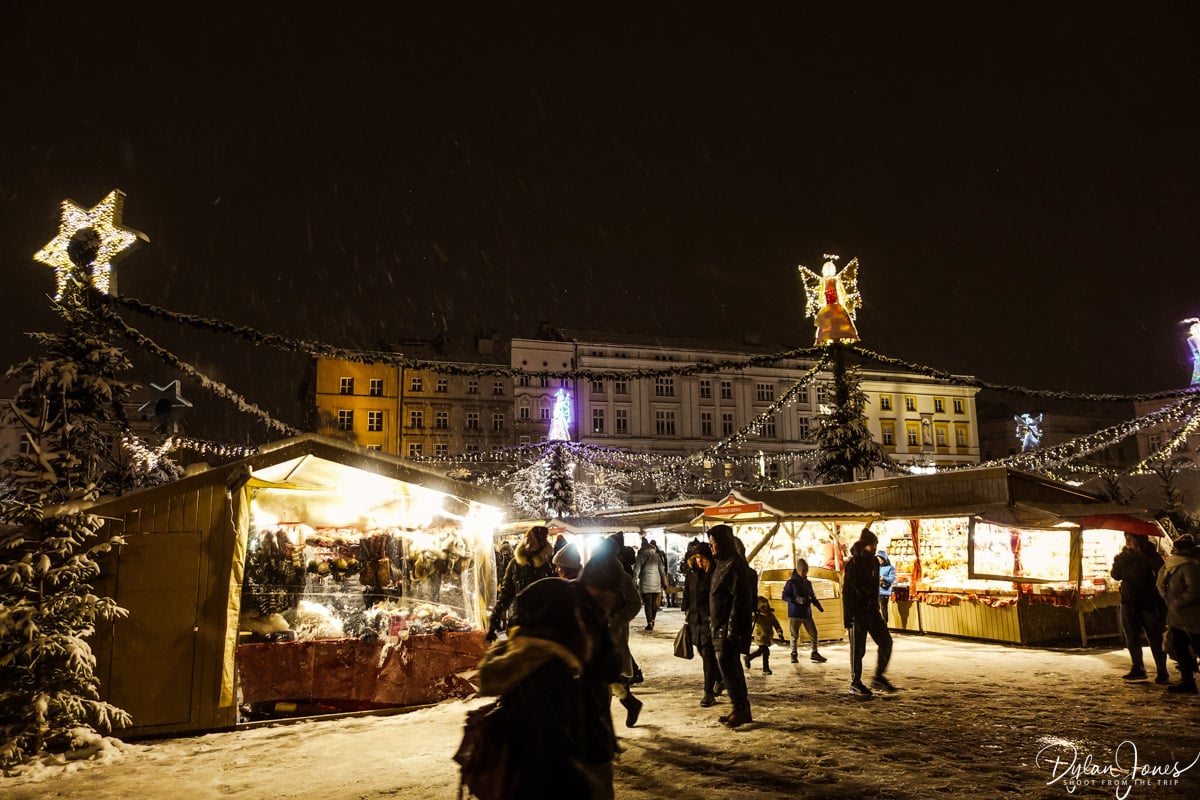 A snowy scene at the Christmas Markets in Krakow