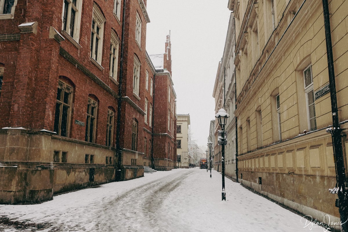 A snowy street in Krakow Old Town