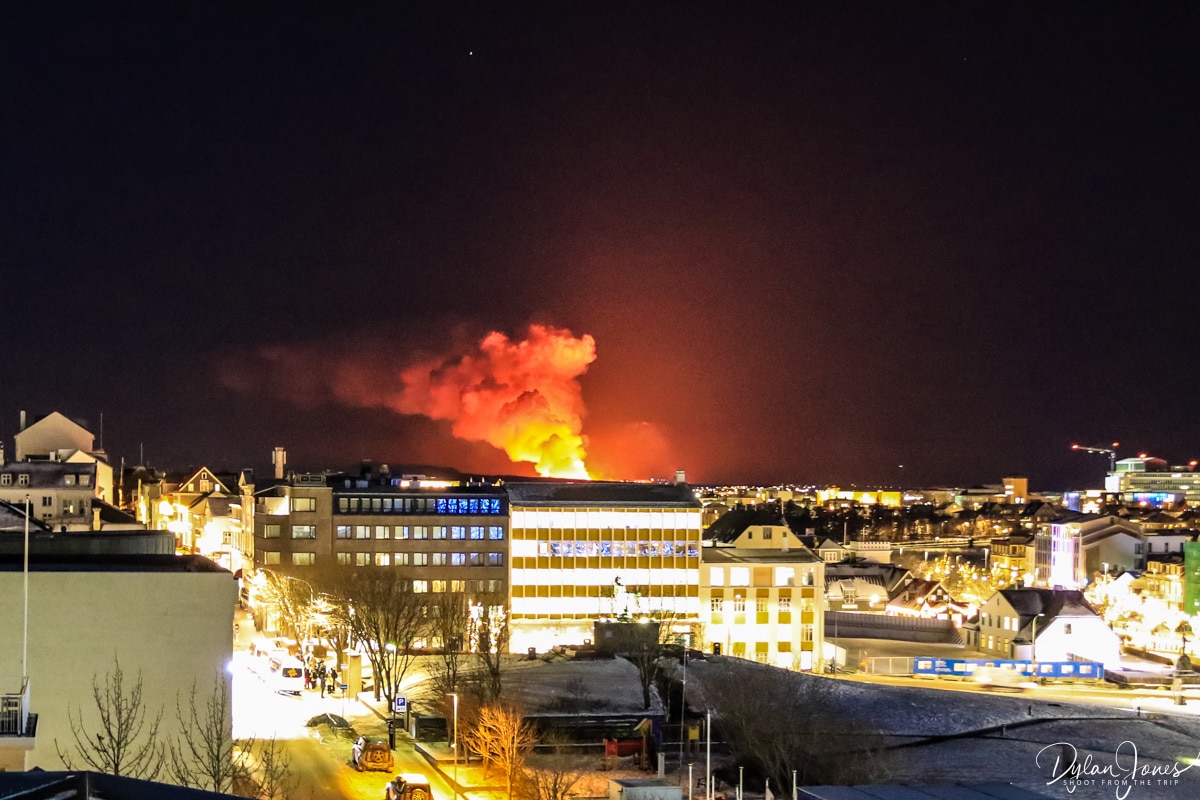 Volcanic eruption at Reykjanes seen from the SKY Bar in Reykjavik