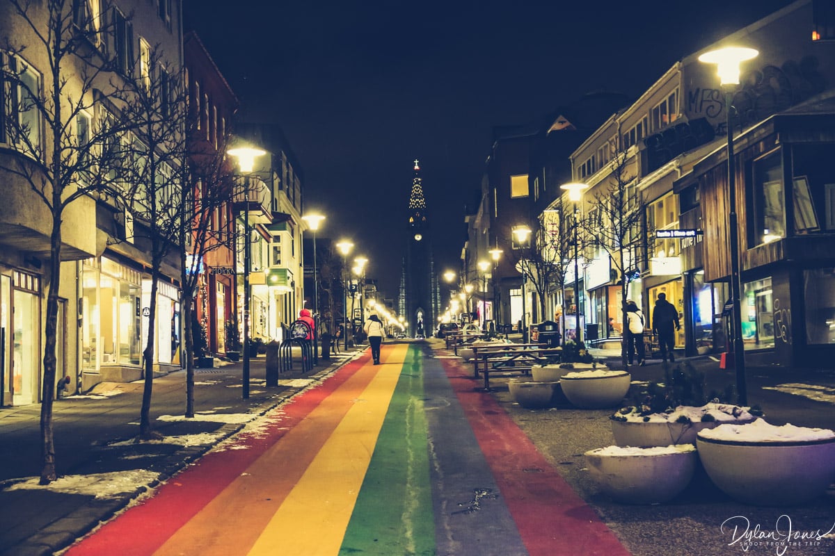 Rainbow street in Reykjavik at night